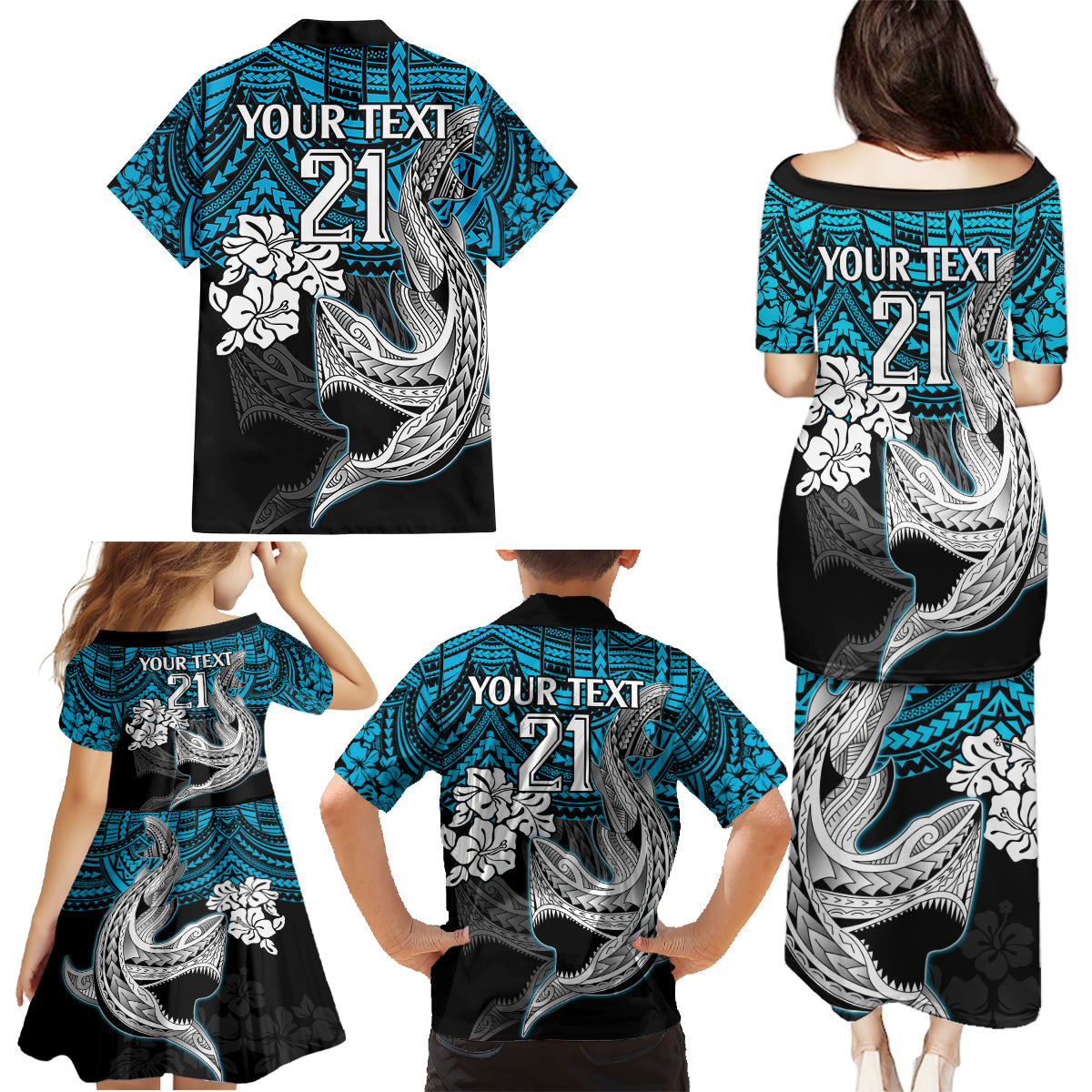 custom-sharks-rugby-family-matching-puletasi-dress-and-hawaiian-shirt-hibiscus-and-sharkies-tattoo-with-polynesian-pattern