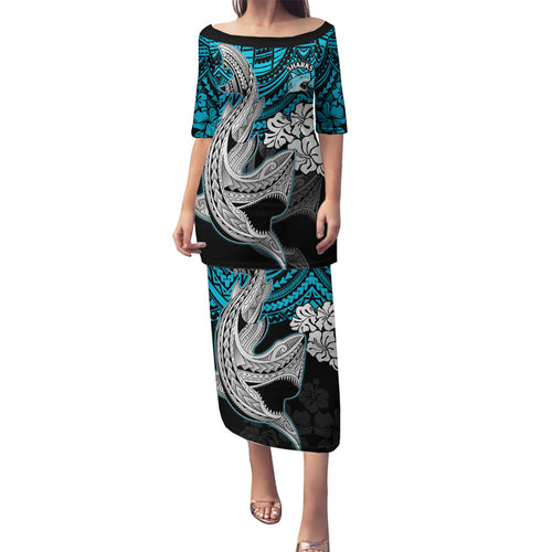 custom-sharks-rugby-family-matching-puletasi-dress-and-hawaiian-shirt-hibiscus-and-sharkies-tattoo-with-polynesian-pattern