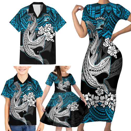 custom-sharks-rugby-family-matching-short-sleeve-bodycon-dress-and-hawaiian-shirt-hibiscus-and-sharkies-tattoo-with-polynesian-pattern