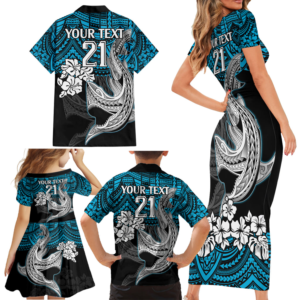custom-sharks-rugby-family-matching-short-sleeve-bodycon-dress-and-hawaiian-shirt-hibiscus-and-sharkies-tattoo-with-polynesian-pattern