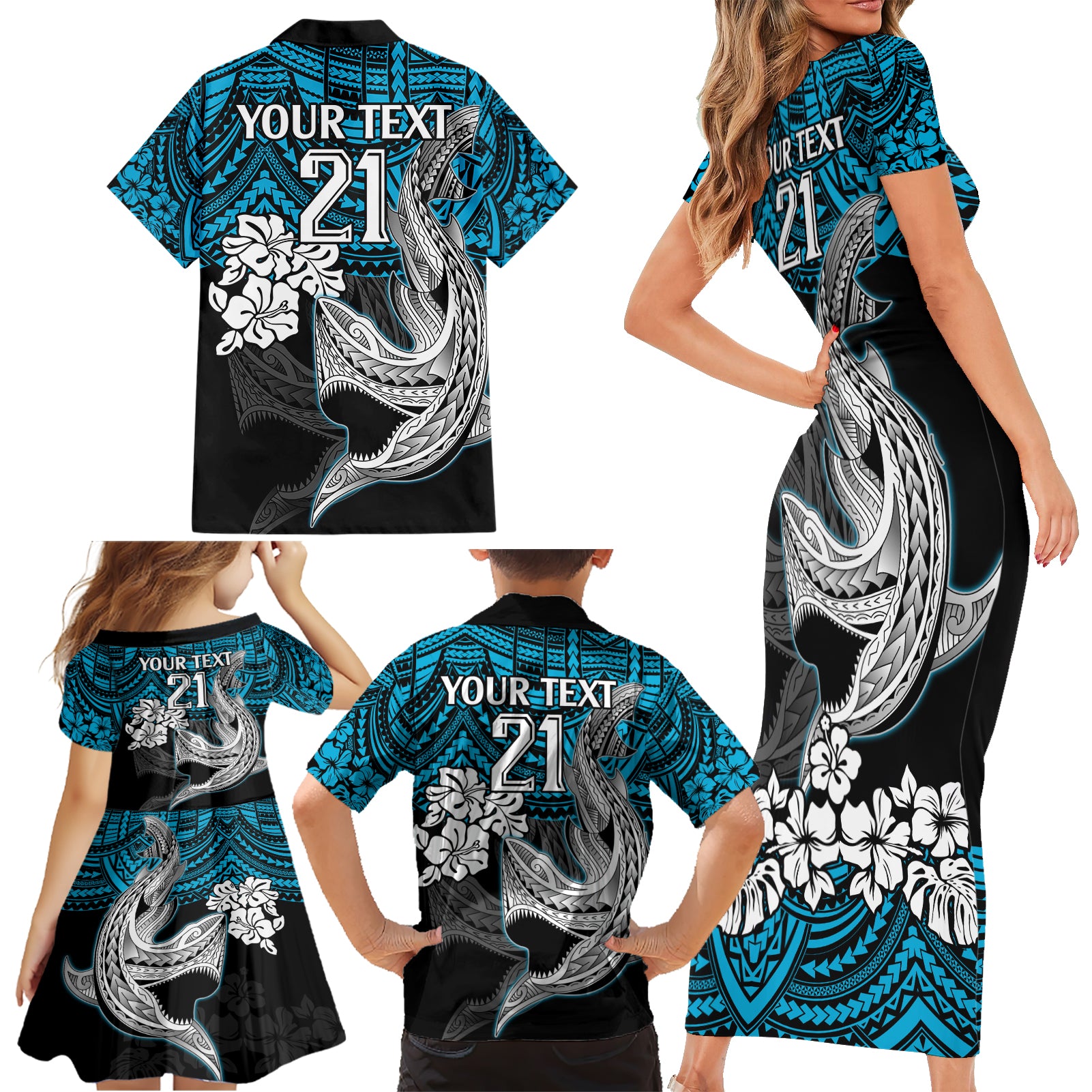 custom-sharks-rugby-family-matching-short-sleeve-bodycon-dress-and-hawaiian-shirt-hibiscus-and-sharkies-tattoo-with-polynesian-pattern