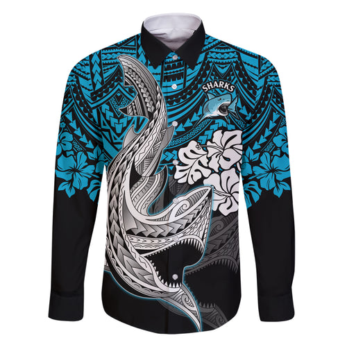 custom-sharks-rugby-family-matching-short-sleeve-bodycon-dress-and-hawaiian-shirt-hibiscus-and-sharkies-tattoo-with-polynesian-pattern