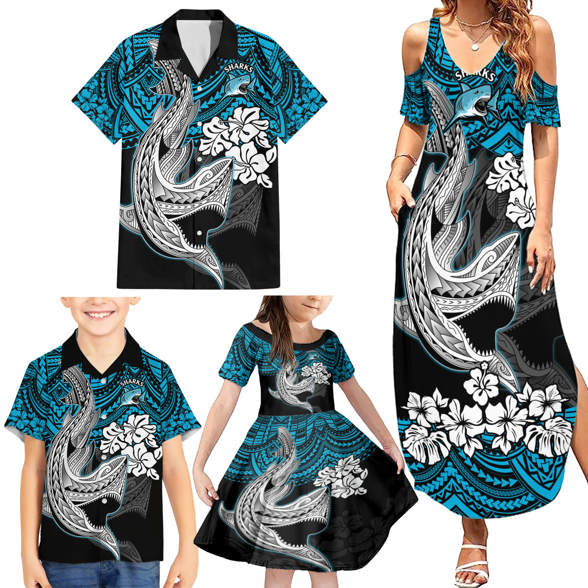 custom-sharks-rugby-family-matching-summer-maxi-dress-and-hawaiian-shirt-hibiscus-and-sharkies-tattoo-with-polynesian-pattern