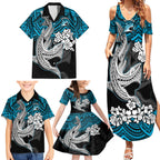 custom-sharks-rugby-family-matching-summer-maxi-dress-and-hawaiian-shirt-hibiscus-and-sharkies-tattoo-with-polynesian-pattern