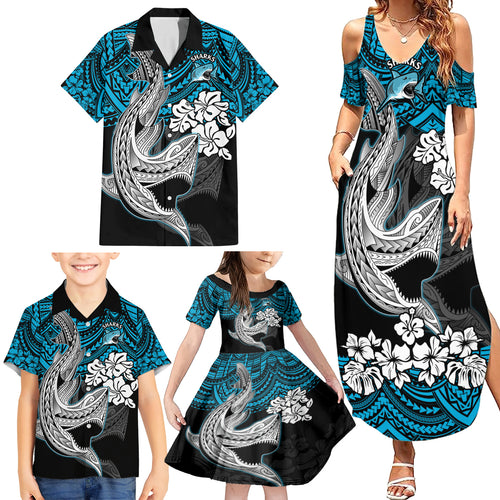 custom-sharks-rugby-family-matching-summer-maxi-dress-and-hawaiian-shirt-hibiscus-and-sharkies-tattoo-with-polynesian-pattern