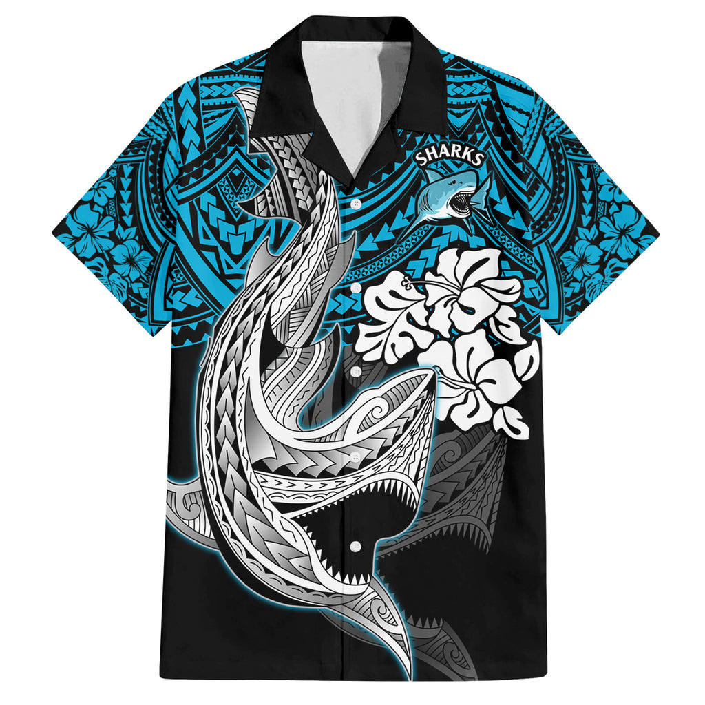 custom-sharks-rugby-family-matching-summer-maxi-dress-and-hawaiian-shirt-hibiscus-and-sharkies-tattoo-with-polynesian-pattern
