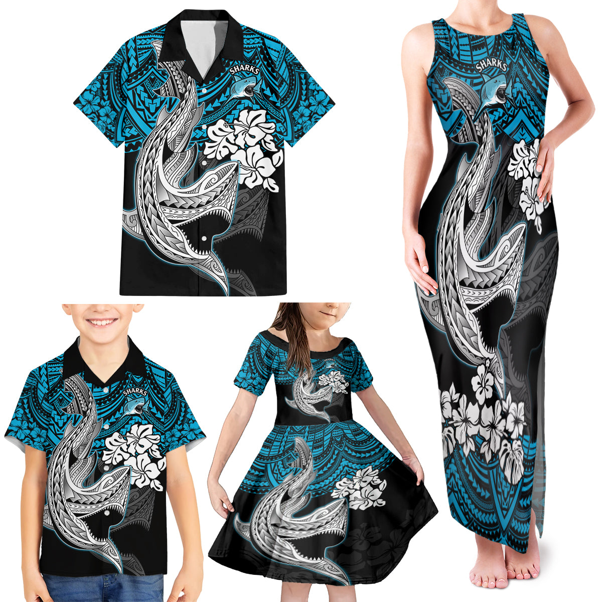 custom-sharks-rugby-family-matching-tank-maxi-dress-and-hawaiian-shirt-hibiscus-and-sharkies-tattoo-with-polynesian-pattern