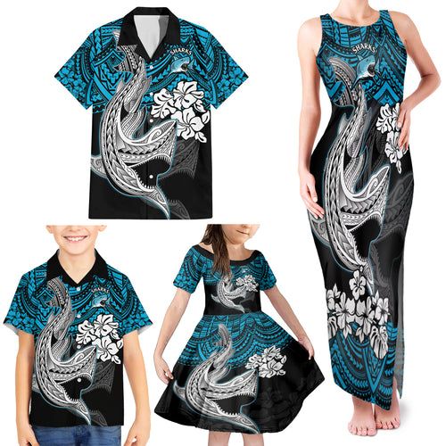 custom-sharks-rugby-family-matching-tank-maxi-dress-and-hawaiian-shirt-hibiscus-and-sharkies-tattoo-with-polynesian-pattern