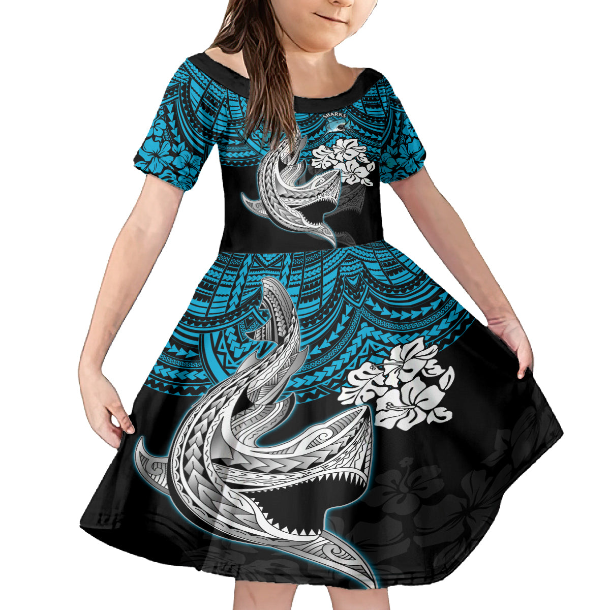 custom-sharks-rugby-kid-short-sleeve-dress-hibiscus-and-sharkies-tattoo-with-polynesian-pattern