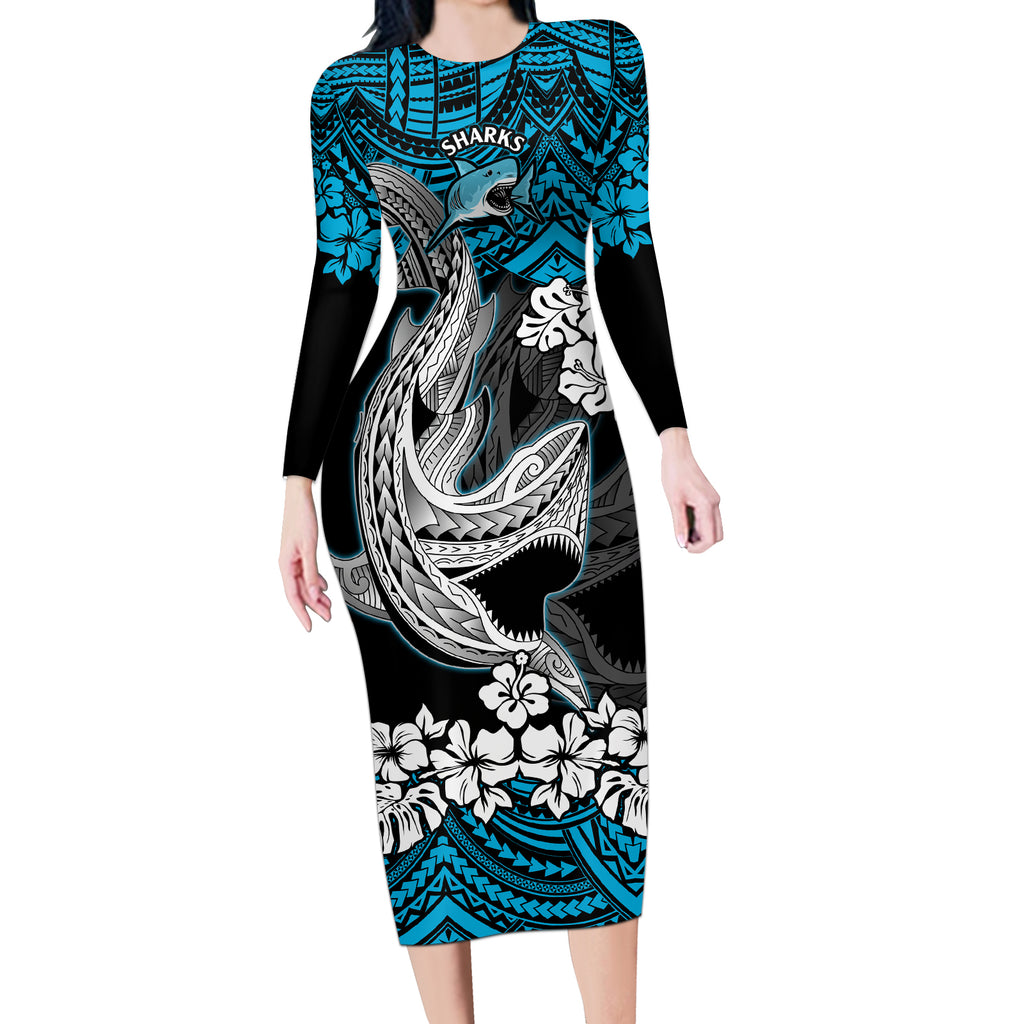 custom-sharks-rugby-long-sleeve-bodycon-dress-hibiscus-and-sharkies-tattoo-with-polynesian-pattern