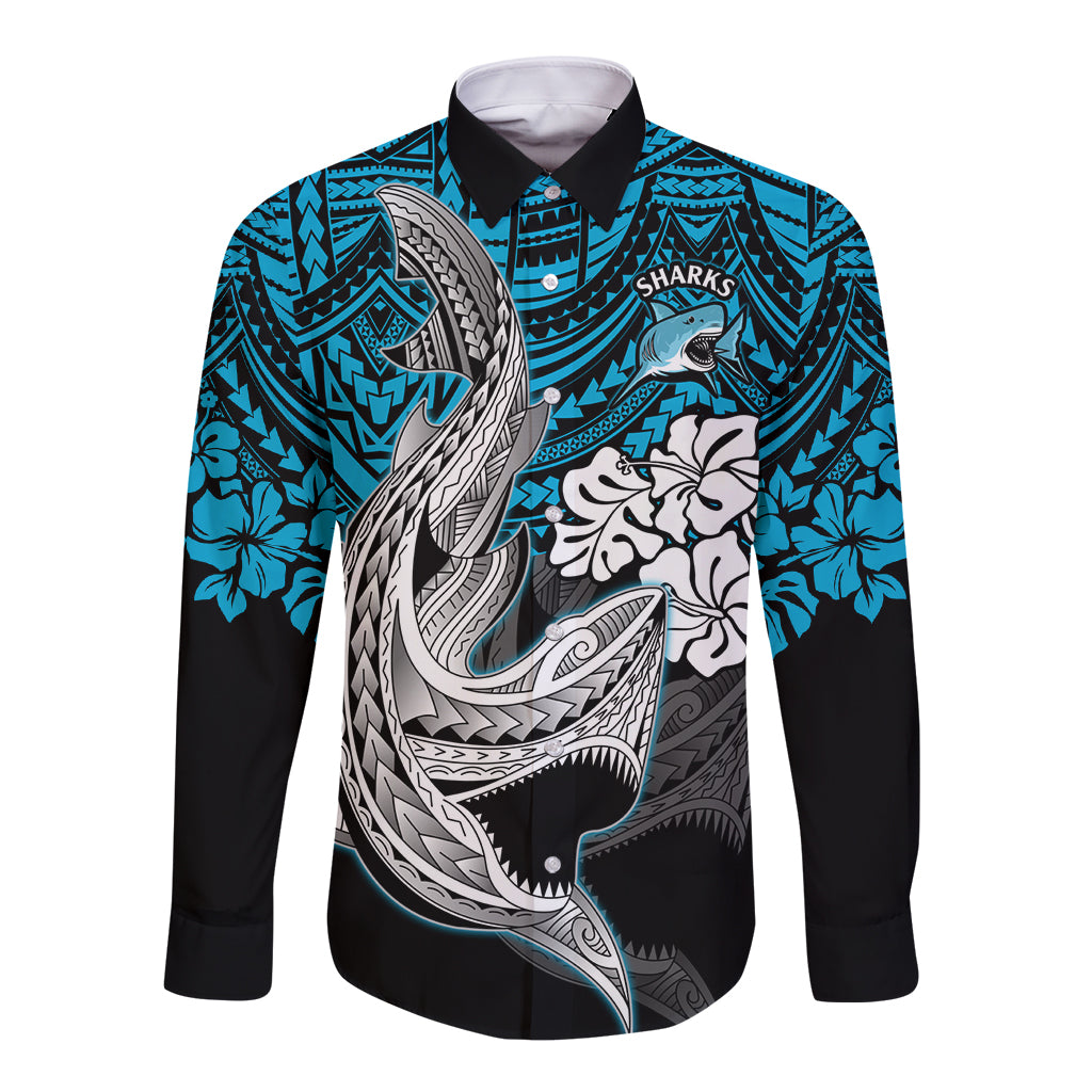 custom-sharks-rugby-long-sleeve-button-shirt-hibiscus-and-sharkies-tattoo-with-polynesian-pattern