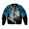 custom-sharks-rugby-sleeve-zip-bomber-jacket-hibiscus-and-sharkies-tattoo-with-polynesian-pattern