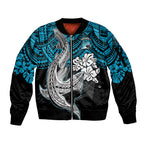 custom-sharks-rugby-sleeve-zip-bomber-jacket-hibiscus-and-sharkies-tattoo-with-polynesian-pattern