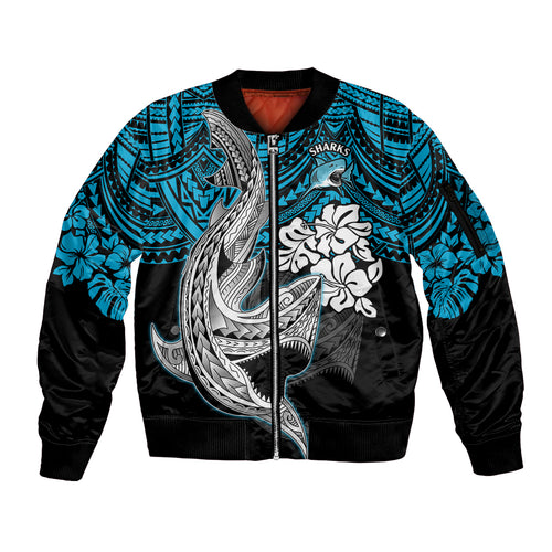 custom-sharks-rugby-sleeve-zip-bomber-jacket-hibiscus-and-sharkies-tattoo-with-polynesian-pattern