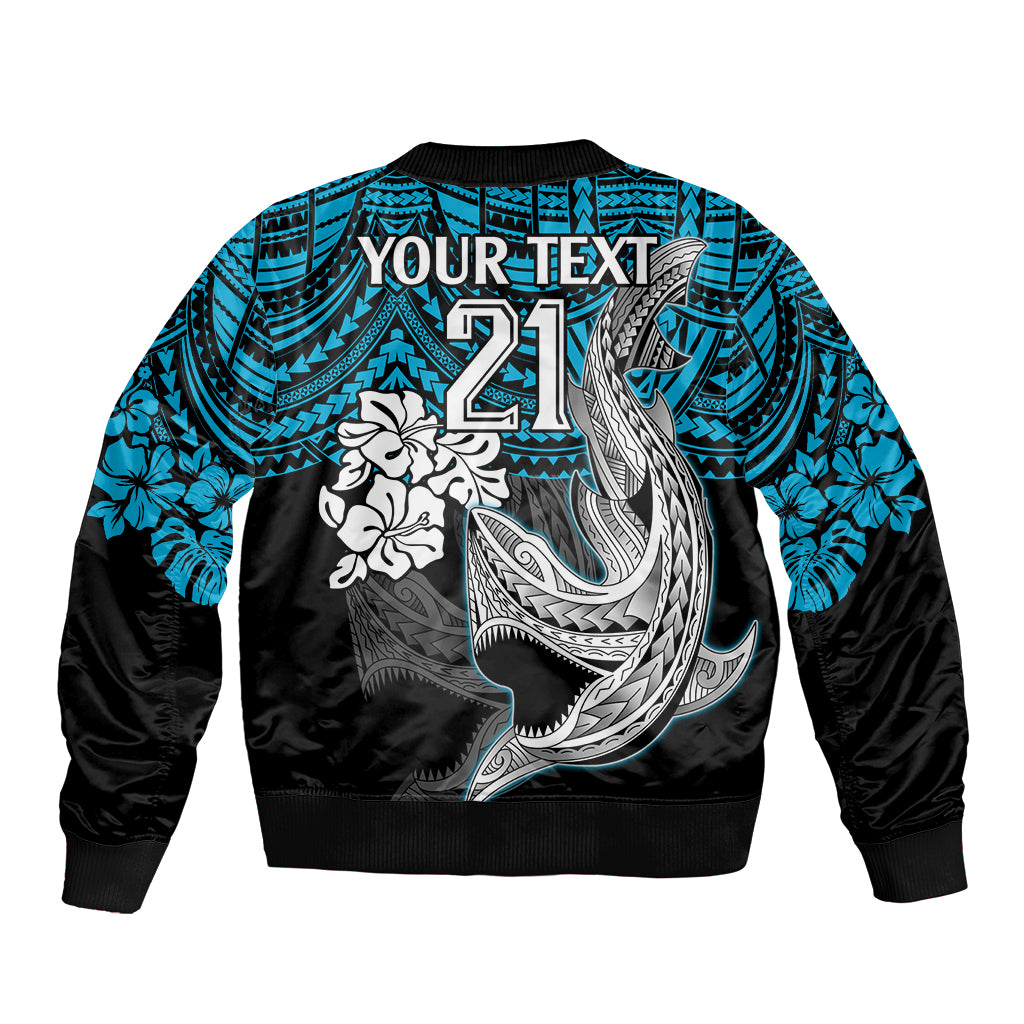 custom-sharks-rugby-sleeve-zip-bomber-jacket-hibiscus-and-sharkies-tattoo-with-polynesian-pattern