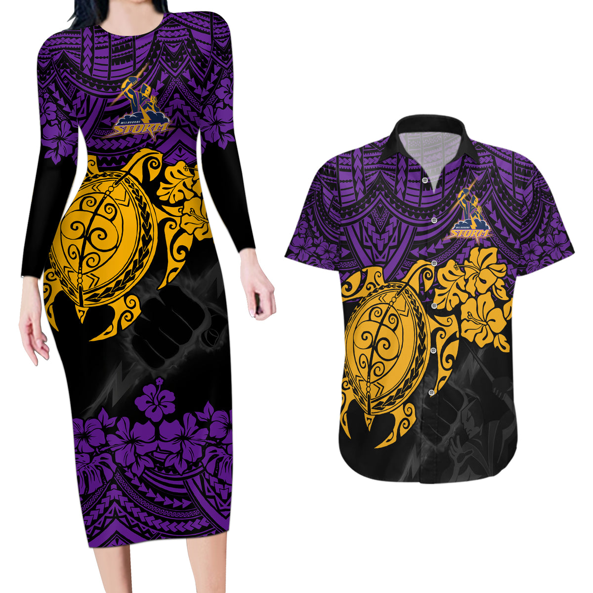 custom-storm-rugby-couples-matching-long-sleeve-bodycon-dress-and-hawaiian-shirt-melbourne-hibiscus-and-turtle-with-polynesian-pattern
