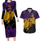 custom-storm-rugby-couples-matching-long-sleeve-bodycon-dress-and-hawaiian-shirt-melbourne-hibiscus-and-turtle-with-polynesian-pattern