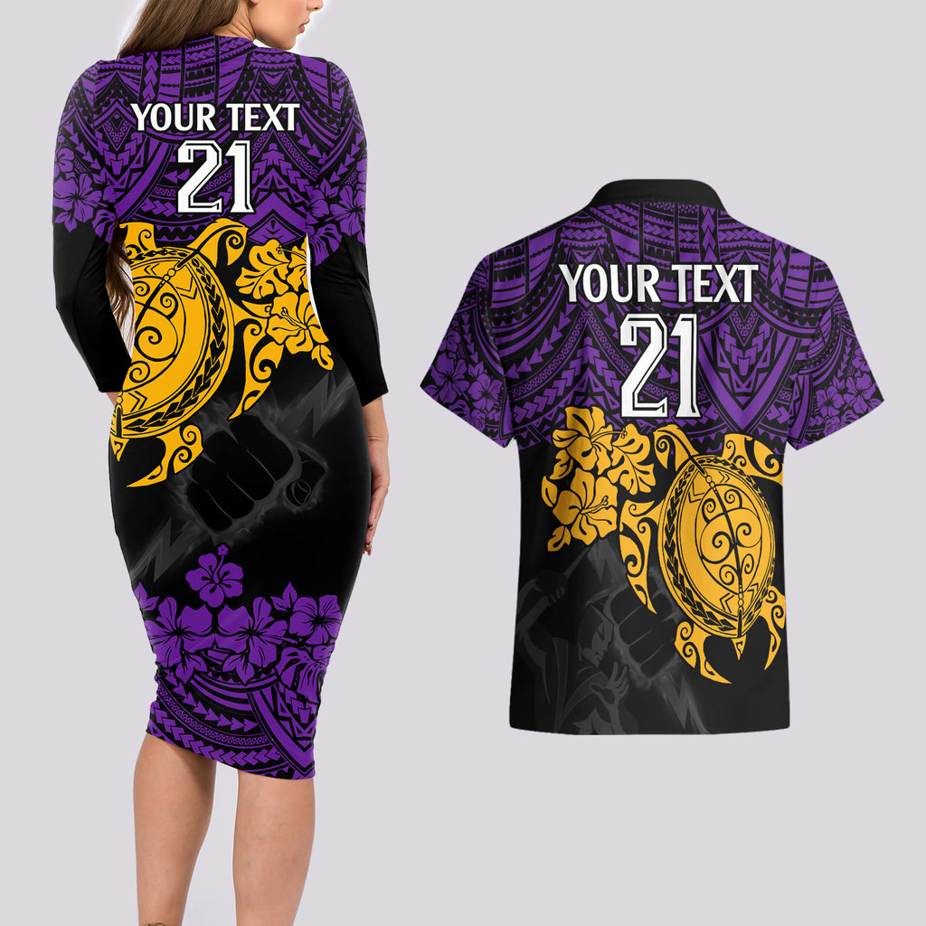 custom-storm-rugby-couples-matching-long-sleeve-bodycon-dress-and-hawaiian-shirt-melbourne-hibiscus-and-turtle-with-polynesian-pattern