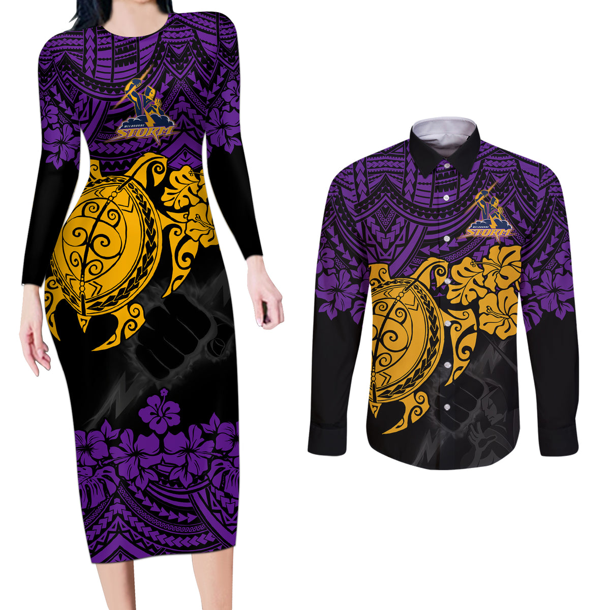 custom-storm-rugby-couples-matching-long-sleeve-bodycon-dress-and-long-sleeve-button-shirt-melbourne-hibiscus-and-turtle-with-polynesian-pattern