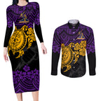 custom-storm-rugby-couples-matching-long-sleeve-bodycon-dress-and-long-sleeve-button-shirt-melbourne-hibiscus-and-turtle-with-polynesian-pattern