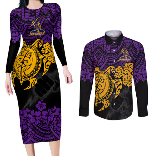 custom-storm-rugby-couples-matching-long-sleeve-bodycon-dress-and-long-sleeve-button-shirt-melbourne-hibiscus-and-turtle-with-polynesian-pattern