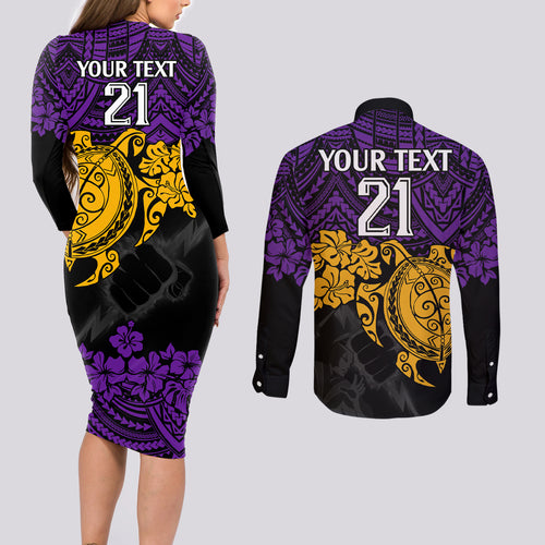custom-storm-rugby-couples-matching-long-sleeve-bodycon-dress-and-long-sleeve-button-shirt-melbourne-hibiscus-and-turtle-with-polynesian-pattern