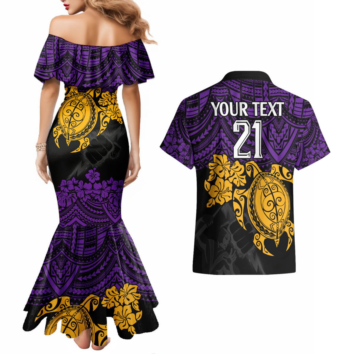 custom-storm-rugby-couples-matching-mermaid-dress-and-hawaiian-shirt-melbourne-hibiscus-and-turtle-with-polynesian-pattern