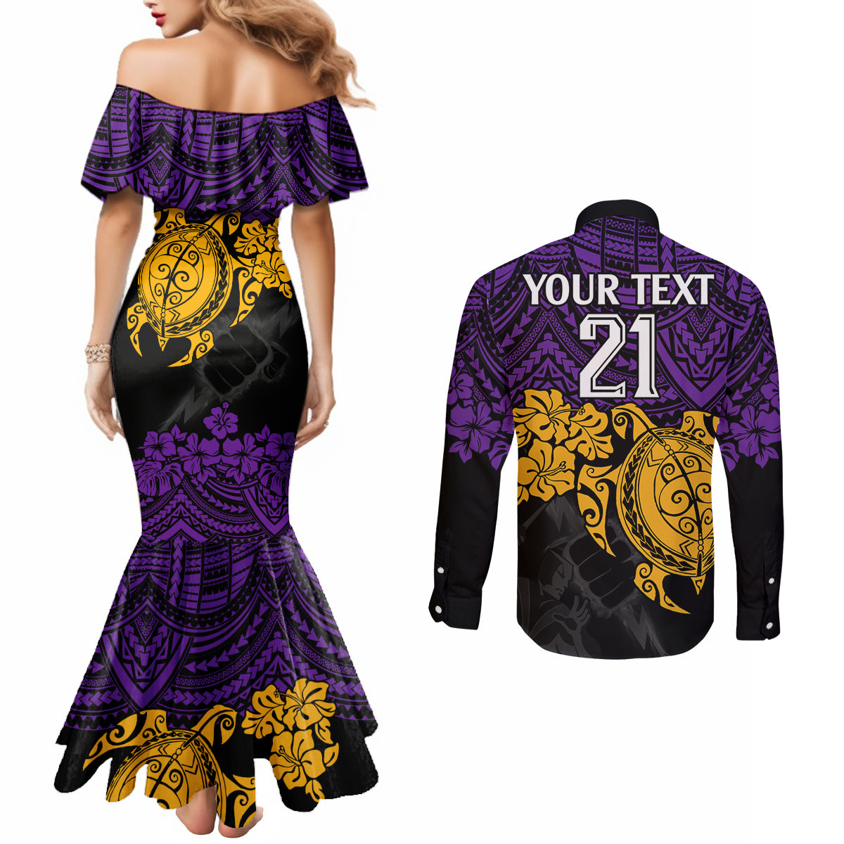 custom-storm-rugby-couples-matching-mermaid-dress-and-long-sleeve-button-shirt-melbourne-hibiscus-and-turtle-with-polynesian-pattern