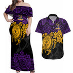 custom-storm-rugby-couples-matching-off-shoulder-maxi-dress-and-hawaiian-shirt-melbourne-hibiscus-and-turtle-with-polynesian-pattern