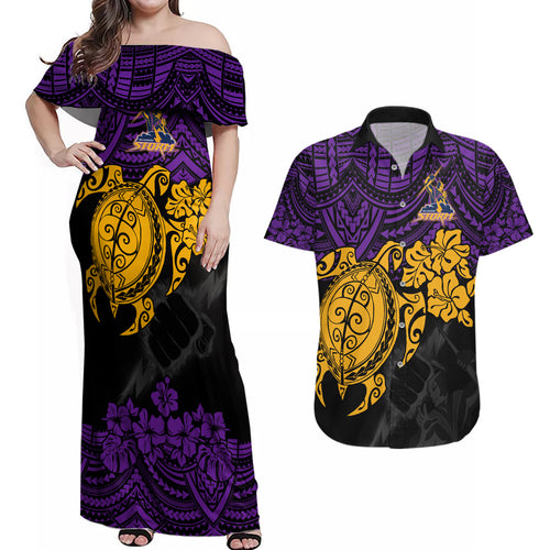 custom-storm-rugby-couples-matching-off-shoulder-maxi-dress-and-hawaiian-shirt-melbourne-hibiscus-and-turtle-with-polynesian-pattern