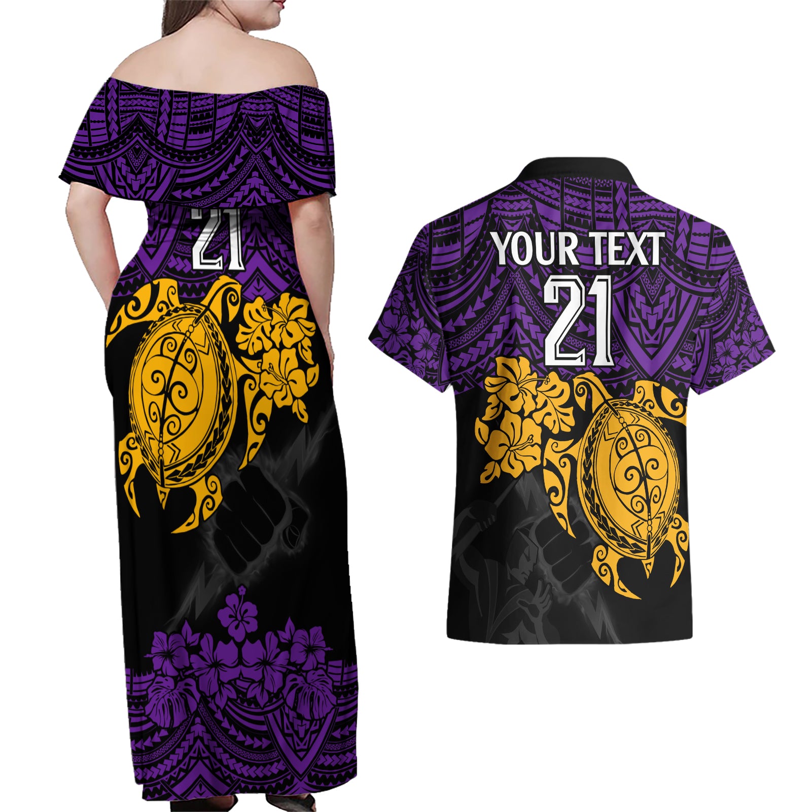 custom-storm-rugby-couples-matching-off-shoulder-maxi-dress-and-hawaiian-shirt-melbourne-hibiscus-and-turtle-with-polynesian-pattern