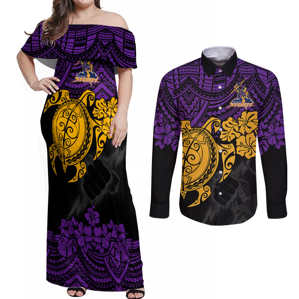 custom-storm-rugby-couples-matching-off-shoulder-maxi-dress-and-long-sleeve-button-shirt-melbourne-hibiscus-and-turtle-with-polynesian-pattern