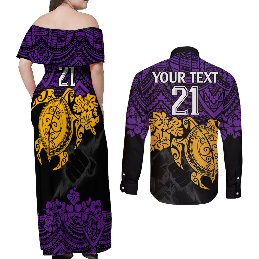 custom-storm-rugby-couples-matching-off-shoulder-maxi-dress-and-long-sleeve-button-shirt-melbourne-hibiscus-and-turtle-with-polynesian-pattern