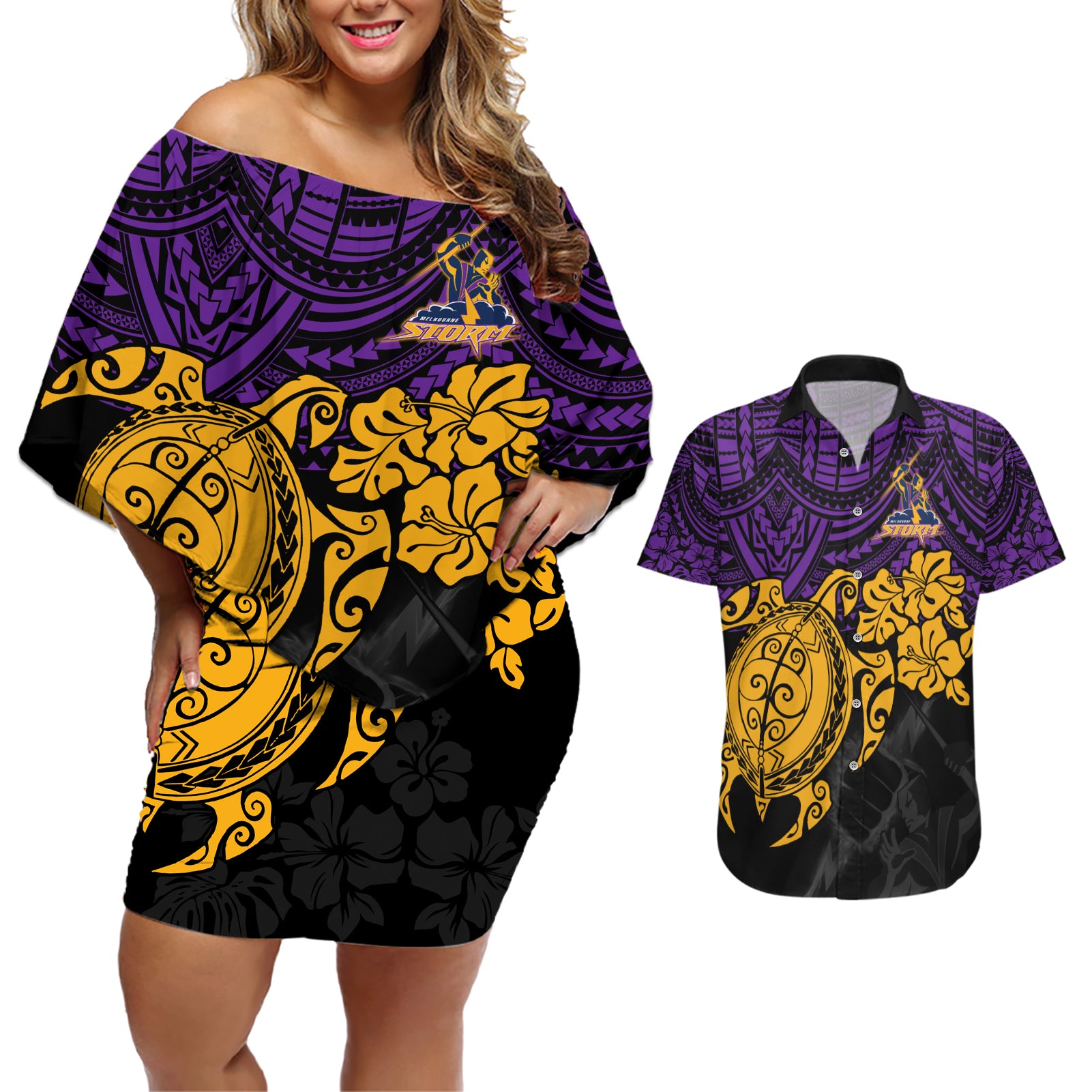 custom-storm-rugby-couples-matching-off-shoulder-short-dress-and-hawaiian-shirt-melbourne-hibiscus-and-turtle-with-polynesian-pattern