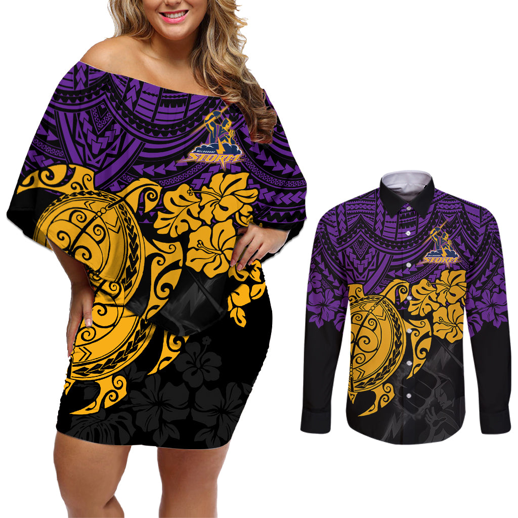 custom-storm-rugby-couples-matching-off-shoulder-short-dress-and-long-sleeve-button-shirt-melbourne-hibiscus-and-turtle-with-polynesian-pattern