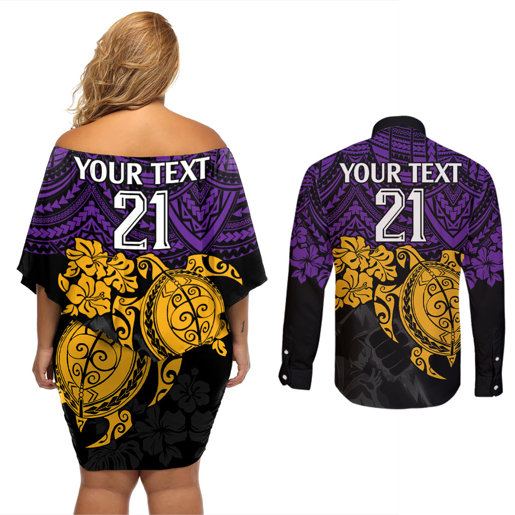 custom-storm-rugby-couples-matching-off-shoulder-short-dress-and-long-sleeve-button-shirt-melbourne-hibiscus-and-turtle-with-polynesian-pattern