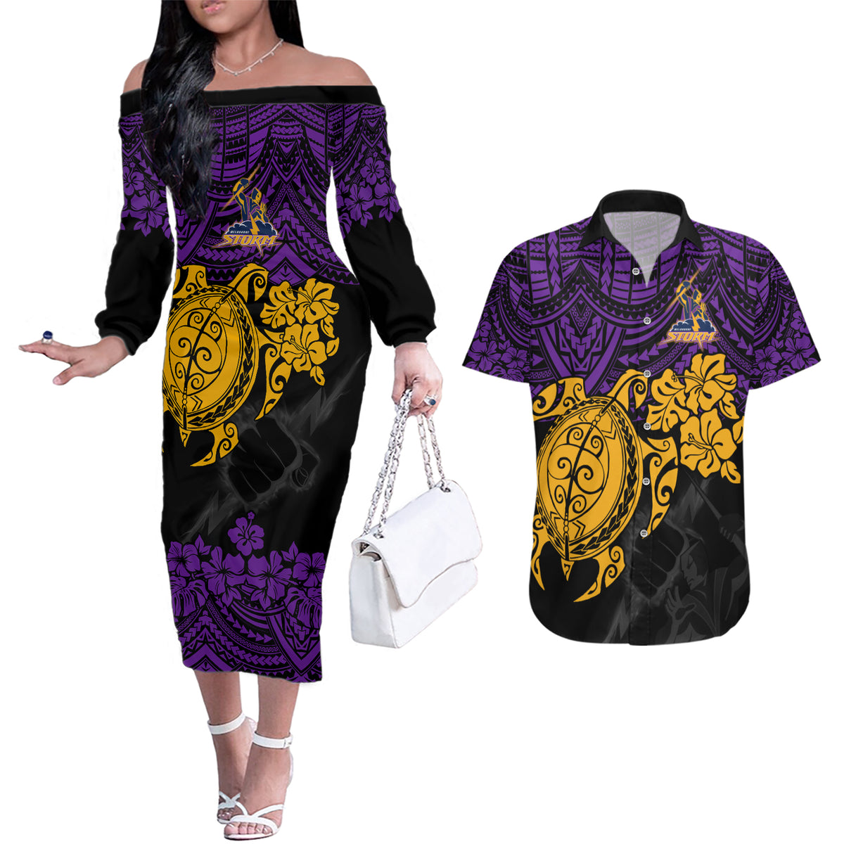 custom-storm-rugby-couples-matching-off-the-shoulder-long-sleeve-dress-and-hawaiian-shirt-melbourne-hibiscus-and-turtle-with-polynesian-pattern
