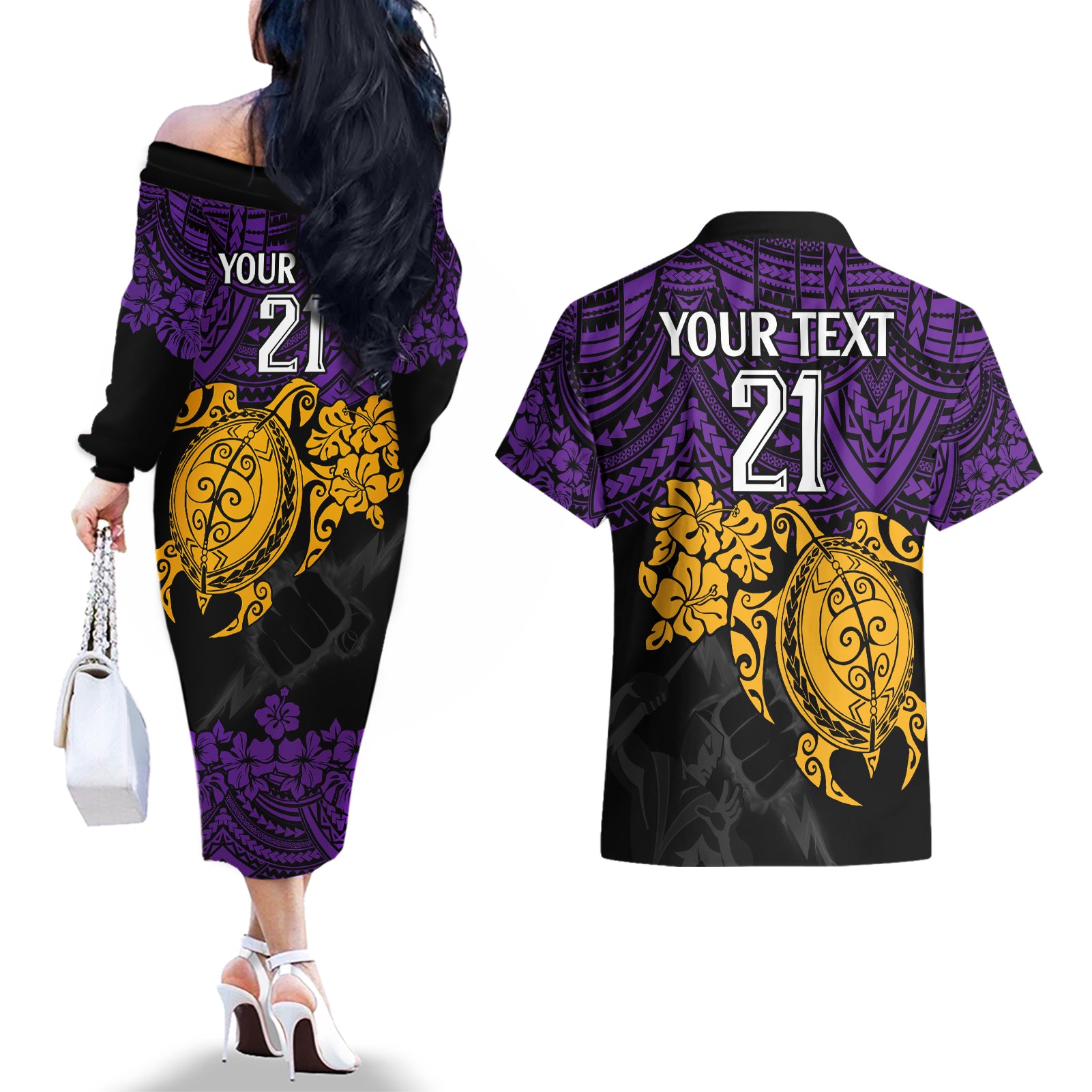 custom-storm-rugby-couples-matching-off-the-shoulder-long-sleeve-dress-and-hawaiian-shirt-melbourne-hibiscus-and-turtle-with-polynesian-pattern
