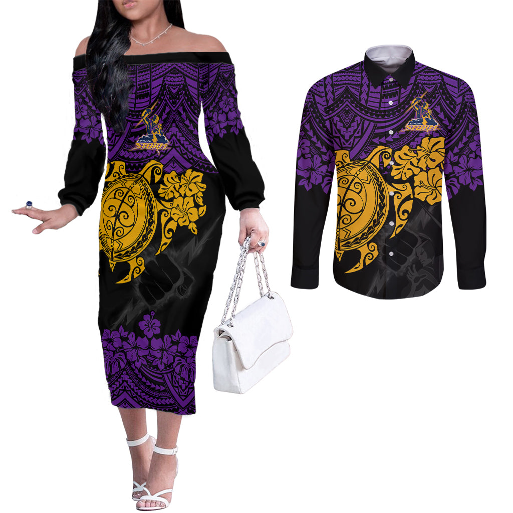 custom-storm-rugby-couples-matching-off-the-shoulder-long-sleeve-dress-and-long-sleeve-button-shirt-melbourne-hibiscus-and-turtle-with-polynesian-pattern