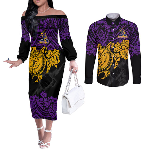 custom-storm-rugby-couples-matching-off-the-shoulder-long-sleeve-dress-and-long-sleeve-button-shirt-melbourne-hibiscus-and-turtle-with-polynesian-pattern