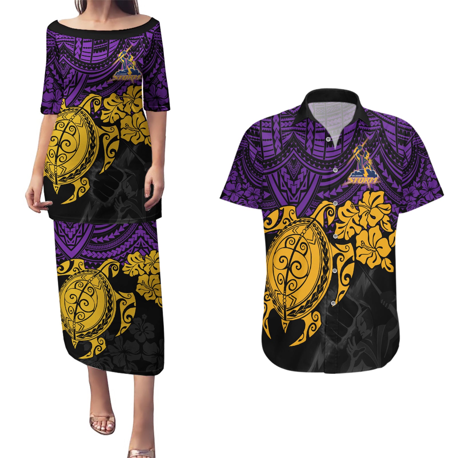 custom-storm-rugby-couples-matching-puletasi-dress-and-hawaiian-shirt-melbourne-hibiscus-and-turtle-with-polynesian-pattern