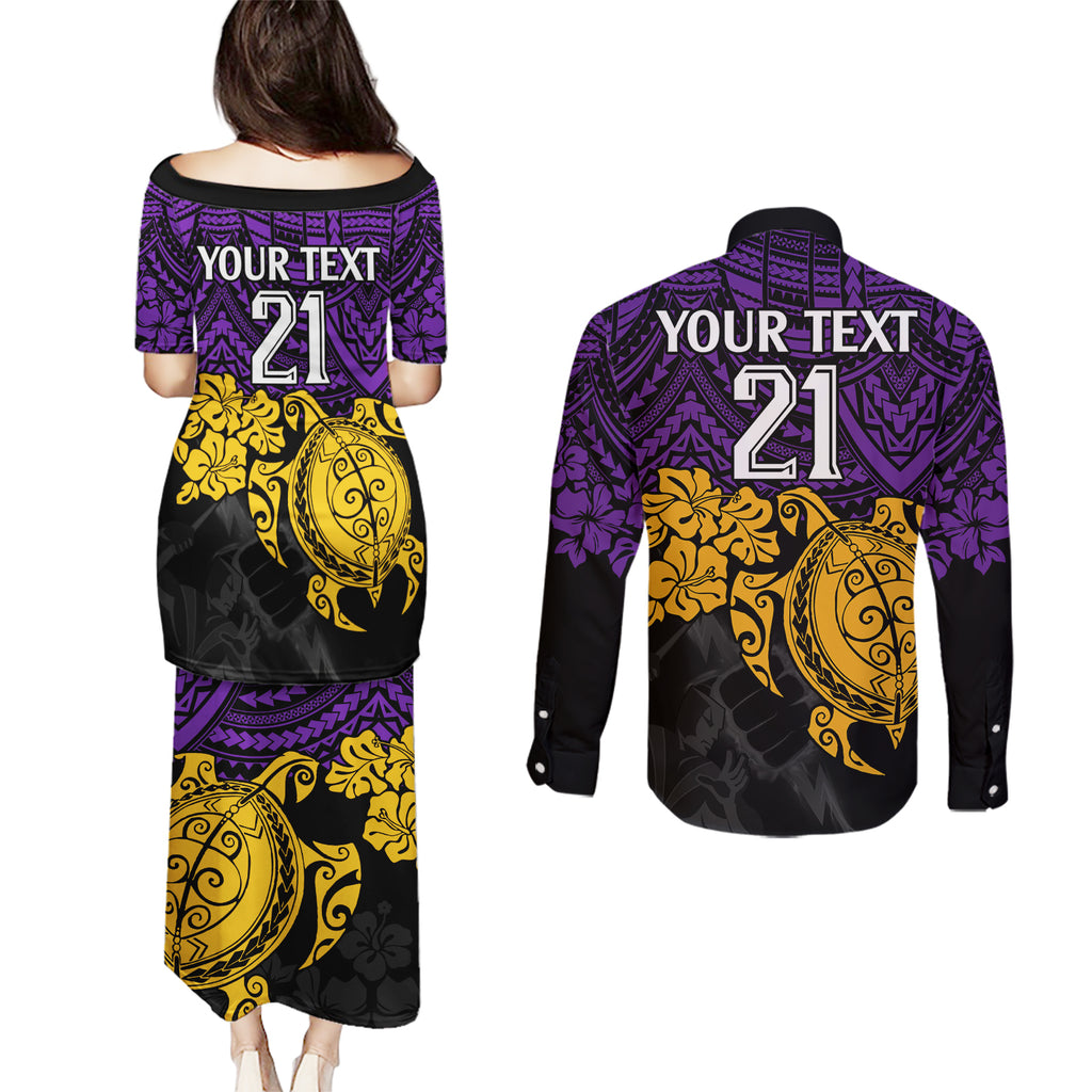 custom-storm-rugby-couples-matching-puletasi-dress-and-long-sleeve-button-shirt-melbourne-hibiscus-and-turtle-with-polynesian-pattern