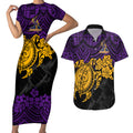 custom-storm-rugby-couples-matching-short-sleeve-bodycon-dress-and-hawaiian-shirt-melbourne-hibiscus-and-turtle-with-polynesian-pattern