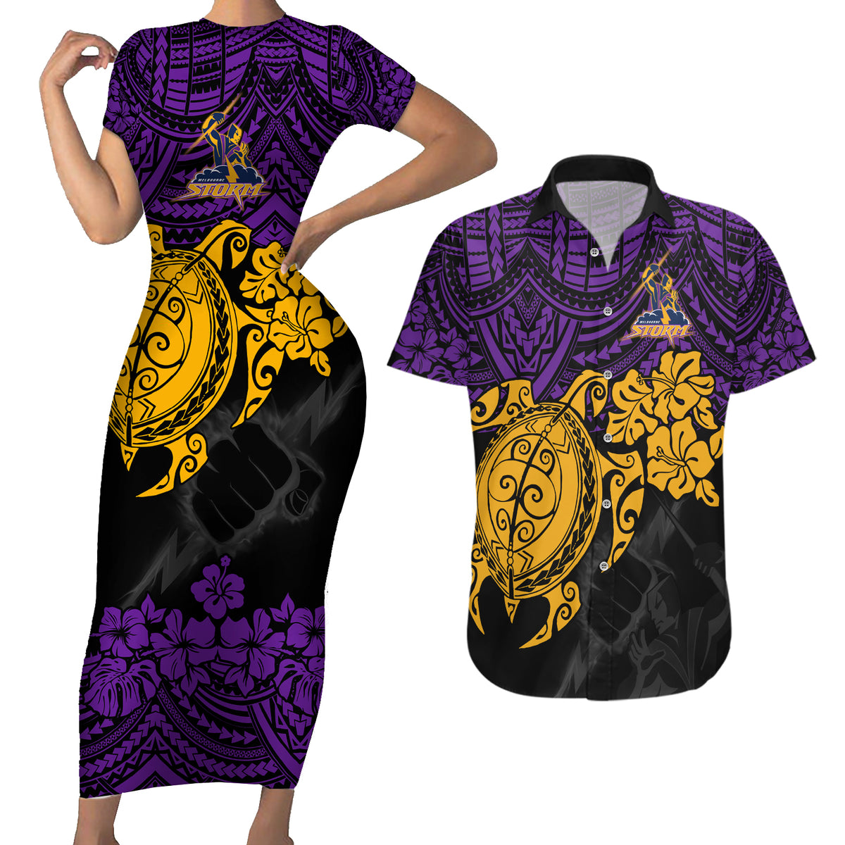 custom-storm-rugby-couples-matching-short-sleeve-bodycon-dress-and-hawaiian-shirt-melbourne-hibiscus-and-turtle-with-polynesian-pattern