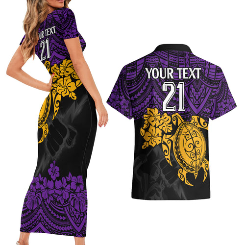 custom-storm-rugby-couples-matching-short-sleeve-bodycon-dress-and-hawaiian-shirt-melbourne-hibiscus-and-turtle-with-polynesian-pattern