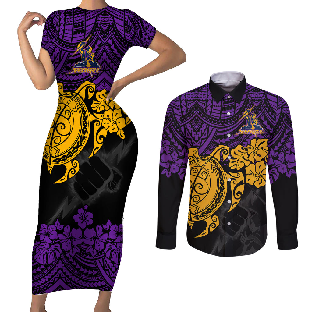 custom-storm-rugby-couples-matching-short-sleeve-bodycon-dress-and-long-sleeve-button-shirt-melbourne-hibiscus-and-turtle-with-polynesian-pattern