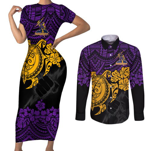 custom-storm-rugby-couples-matching-short-sleeve-bodycon-dress-and-long-sleeve-button-shirt-melbourne-hibiscus-and-turtle-with-polynesian-pattern