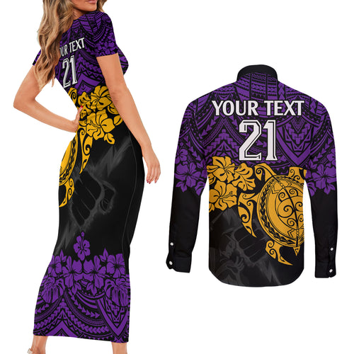 custom-storm-rugby-couples-matching-short-sleeve-bodycon-dress-and-long-sleeve-button-shirt-melbourne-hibiscus-and-turtle-with-polynesian-pattern