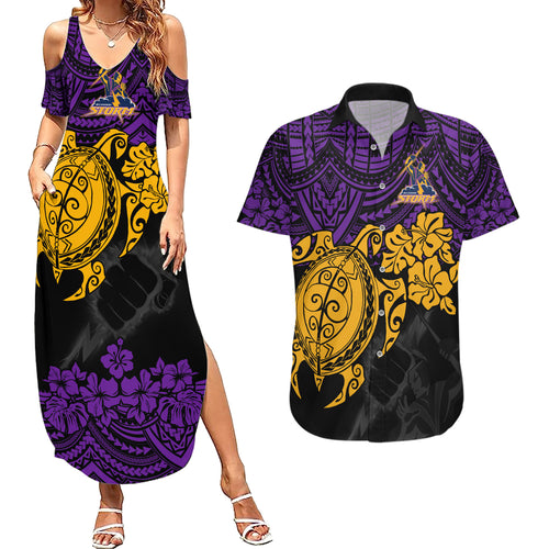 custom-storm-rugby-couples-matching-summer-maxi-dress-and-hawaiian-shirt-melbourne-hibiscus-and-turtle-with-polynesian-pattern