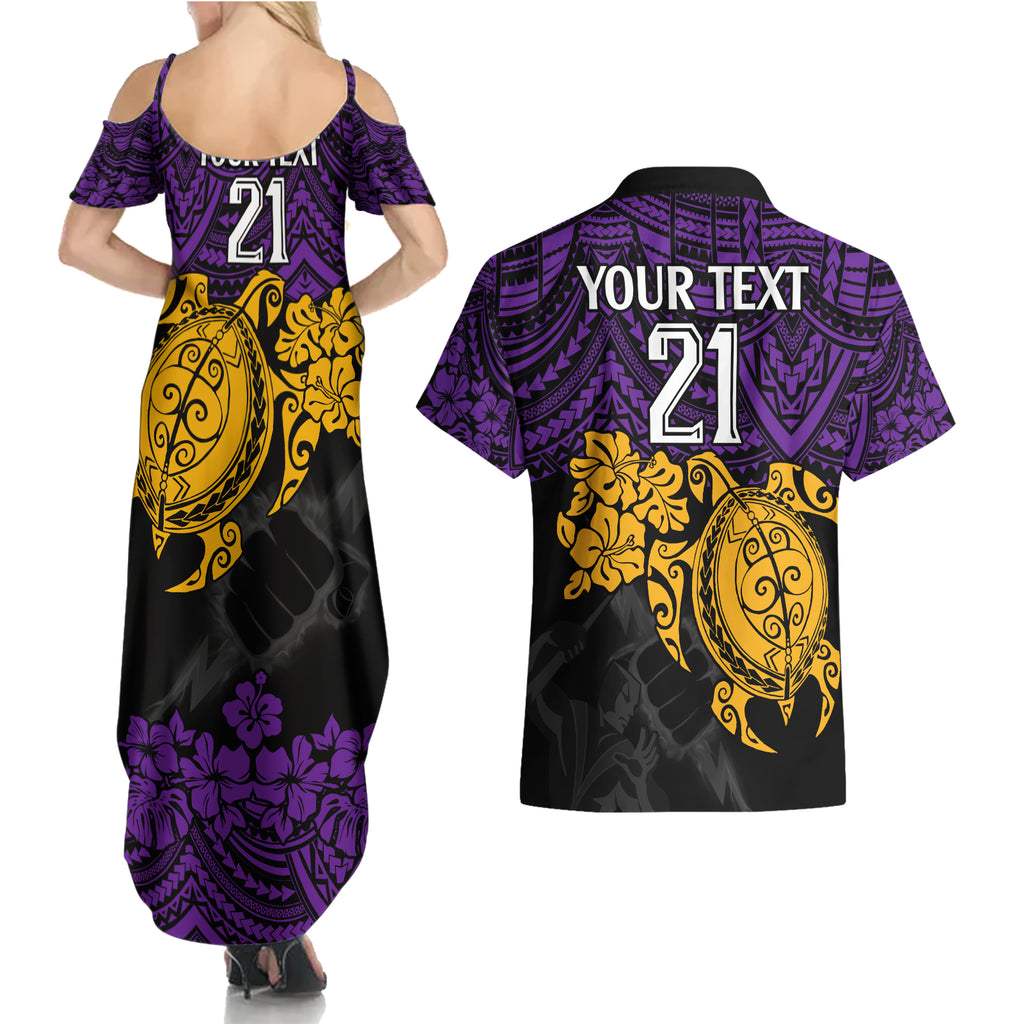 custom-storm-rugby-couples-matching-summer-maxi-dress-and-hawaiian-shirt-melbourne-hibiscus-and-turtle-with-polynesian-pattern
